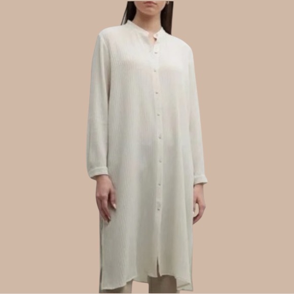 Eileen Fisher Accordion Silk Jacquard Mandarin Collar Long Shirt in Bone Size 2X - Picture 13 of 13